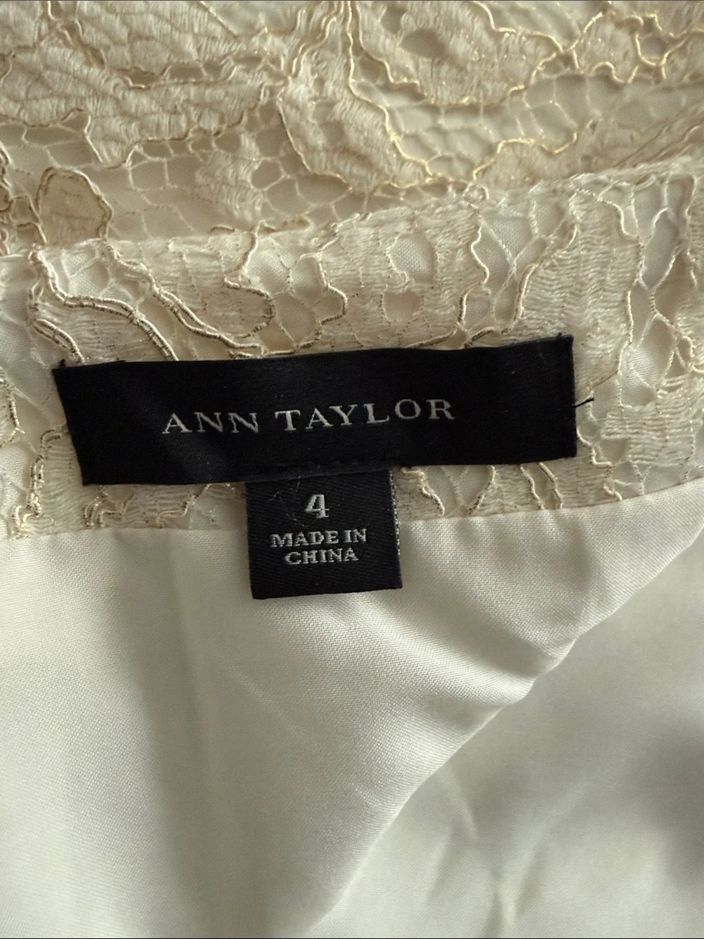 Ann Taylor Suit, cream with gold highlights. Jacket 8P, matching lace skirt, 4.